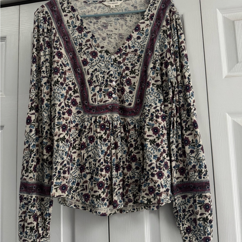 Lucky Brand Cream Floral V-Neck Blouse with Purple Accents